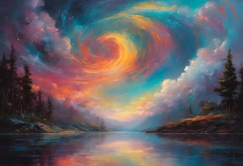 Foto op Plexiglas anti-reflex AI generated illustration of a colorful spiral sky reflecting on a serene lake © Wirestock