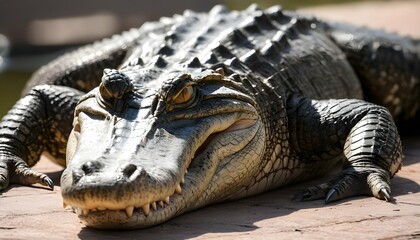 An-Alligator-With-Its-Eyes-Closed-Basking-In-The- 3 - obrazy, fototapety, plakaty