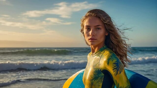 Beautiful girl surfing board in the sea