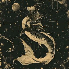AI generated illustration of a celestial siren or sea goat ascending amidst stars towards the moon - obrazy, fototapety, plakaty