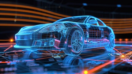 Modern cars' technological underpinnings: futuristic concept (wireframe frontal intersection) with three-dimensional illustration