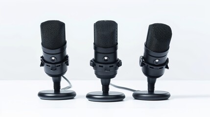 Three podcast  black microphones on a tripod, on an isolated white background, for recording podcast or radio program, show, sound and audio equipment, technology