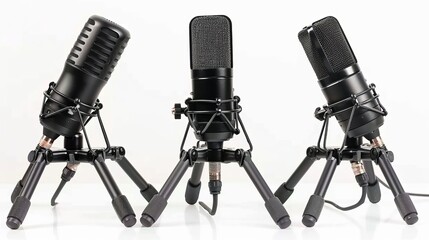 Three podcast  black microphones on a tripod, on an isolated white background, for recording podcast or radio program, show, sound and audio equipment, technology