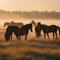 AI generated illustration of horses grazing in a grassy field at sunrise