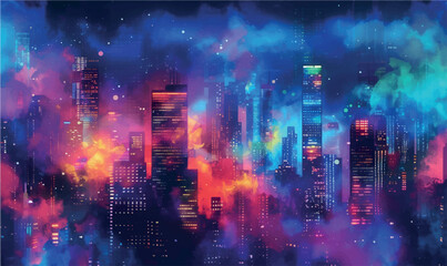 Fototapeta na wymiar watercolor neon background night lights of the city