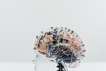 Fototapeta na wymiar white robot brain with wires and mechanical parts on white and gray