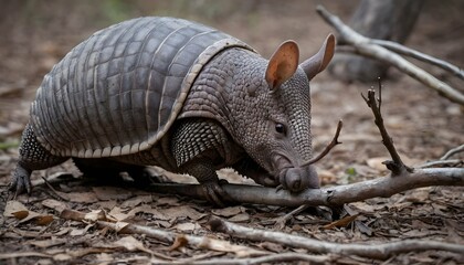 An-Armadillo-With-Its-Claws-Gripping-A-Fallen-Bran- - obrazy, fototapety, plakaty