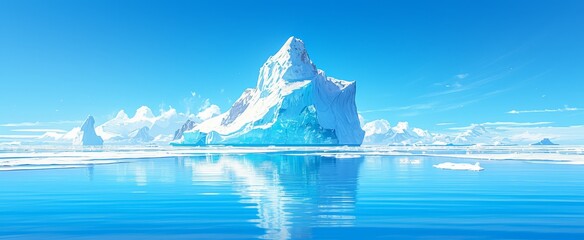 An iceberg in the Arctic sea, blue sky, light fog, reflections of icebergs on the water surface,