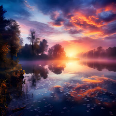 Dreamy sunrise over a tranquil lake.
