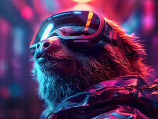Fototapeta premium Sloth in ski goggles and jacket with neon city lights. Digital art lifestyle portrait with a relaxed vibe. Leisure concept for design and print. Close-up with bokeh background