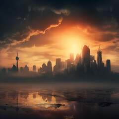 Dystopian city skyline engulfed in smog.
