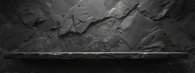 Black podium background for product presentation with dark rock wall, minimalist stage design