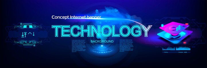 Technologies. Internet banner concept. Background with neon flash and Technology title. Futuristic...