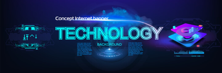 Technologies. Internet banner concept. Background with neon flash and Technology title. Futuristic internet banner concept with modern digital graphics and HUD style splash screen. Internet technologi
