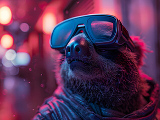 Fototapeta premium Sloth wearing goggles VR glasses in neon cityscape. Digital art character portrait with urban atmosphere. Leisure and chill lifestyle concept for design and print. Close-up with bokeh effect