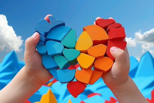 Closeup of a heart painted in the colors of the rainbow, held in open hands, representing love and acceptance.