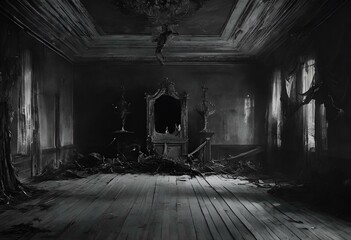 AI generated illustration of an abandoned living room with mirror and worn flooring boards - obrazy, fototapety, plakaty