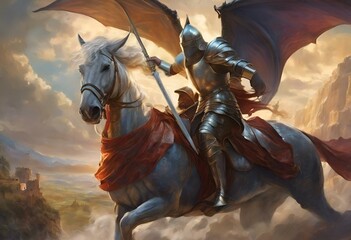AI generated illustration of a knight on horseback with red cape - obrazy, fototapety, plakaty