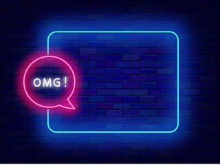Surprise neon advertising. Talk show concept. Empty blue frame and omg text in speech bubble. Oh my God. Sale greeting card. Copy space. Editing text. Vector stock illustration - obrazy, fototapety, plakaty