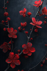 fractal flowers, nature photography, Chinese Red Plum Blossom ,dark background