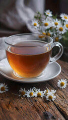 Camomile cup of tea close up