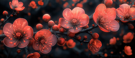 fractal flowers, nature photography, Chinese Red Plum Blossom ,dark background