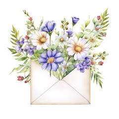 Bouquet of flowers in a paper envelope on a white background. Watercolor illustration