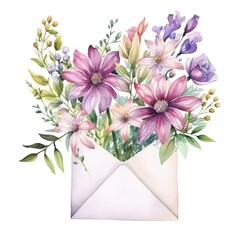 Bouquet of flowers in a paper envelope on a white background. Watercolor illustration