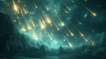 meteors streak across the sky quickly in the night sky , in the style of surrealist metamorphosis, light indigo and dark