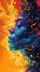 Abstract portrait of a woman's profile enveloped in a cosmic dreamscape, depicted with vivid and swirling colors suggesting a deep celestial connection.