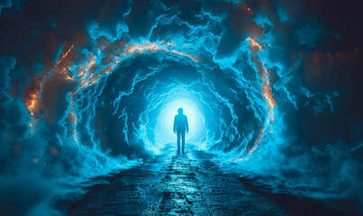 Igniting the Path to Inner Transformation - A Journey from Darkness to Radiant Enlightenment Symbolized by a Lone Figure Wading Through a Fiery Tunnel - obrazy, fototapety, plakaty