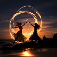 Fire dancers on a moonlit beach.