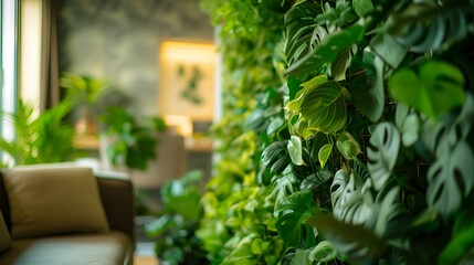 a living room filled with lots of greenery on the wall