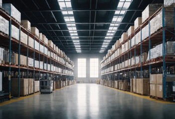 Large warehouse full of packed boxes with big exit at the end of storage. Concept of distribution cargo and logistics. Ai generation