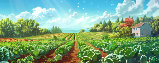 Vegetable farm field on a sunny summer day, beautiful rural panoramic landscape, vegetable agriculture background, illustration generative ai
 - obrazy, fototapety, plakaty