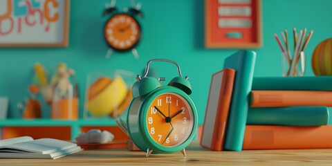 Vibrant alarm clock on a study desk