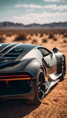 the rear end of a black sports car on sand with mountains in the background
