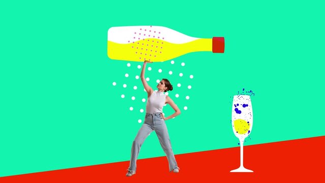 Young girl raising huge drawn wine bottle over her head isolated on bright background. Stop motion, animation. Inspiration, idea, trendy urban magazine style, fashion and style.