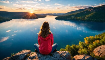 Girl standing on a sunset-lit hill, admiring serene lake, majestic mountains, and picturesque valley - obrazy, fototapety, plakaty