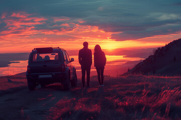 AI generated illustration of a couple enjoying the sunset, standing near a car - obrazy, fototapety, plakaty