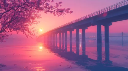 Wandcirkels plexiglas sunset on the big bridge with vaporwave tone color, suitable for wallpaper, posters. Generative AI © wellyans