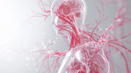 A background depicting the human circulatory system with arteries, veins, and a beating heart in a transparent view. (Consider specifying other systems like nervous or respiratory) - obrazy, fototapety, plakaty