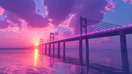 Fototapeten sunset on the big bridge with vaporwave tone color, suitable for wallpaper, posters. Generative AI © wellyans