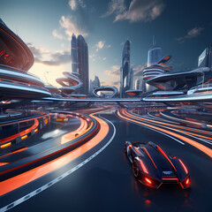 Futuristic racetrack with hovering vehicles. - obrazy, fototapety, plakaty