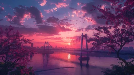Gardinen sunset on the big bridge with vaporwave tone color, suitable for wallpaper, posters. Generative AI © wellyans