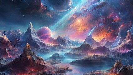 AI generated illustration of mountains and planets in the sky with clouds