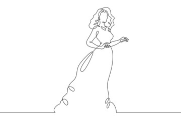 One continuous line.A woman in a beautiful dress. Women's fancy dress. Female character in a...
