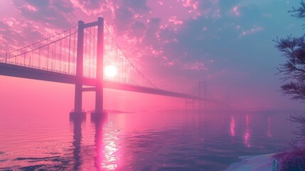 Fototapeta na wymiar sunset on the big bridge with vaporwave tone color, suitable for wallpaper, posters. Generative AI