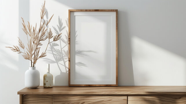 wooden frame mockup on the sideboard of a boho interior style on white wall background