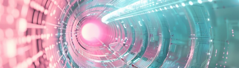 Abstract cyber tunnel with glowing pink and teal lights, representing data flow. - 781962515